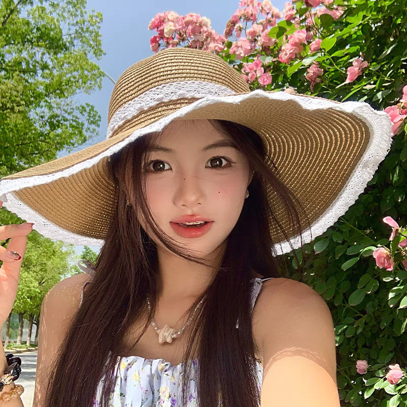 レースリボン大きなつば麦わら帽子 2025 新しい海辺のビーチ日焼け止め帽子女性の美しい日よけ帽子|undefined
