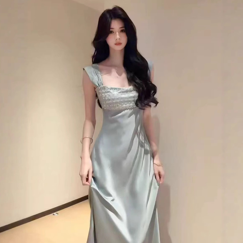 French-Style Gentle and Elegant Socialite Vibe, Heavy-Duty Rhinestone-Embellished Satin Dress, New Niche Luxury Design, Slimming Waist-Cinching Long Dress