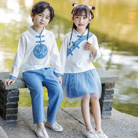 儿童汉服中式夏季短袖款长袖唐装夏季女童国学服套装男童复古两件