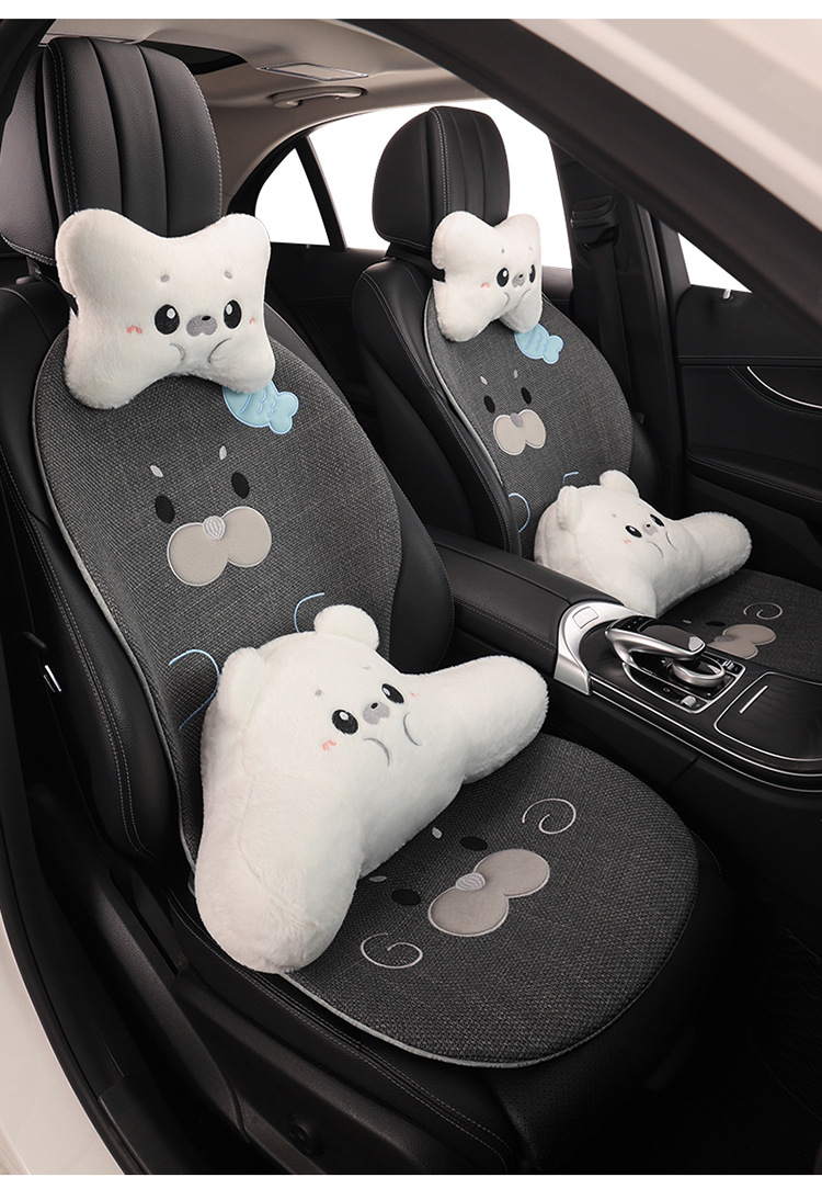 Car Seat Cushion Made of Linen Material with Seal Pattern, Suitable for All Seasons, Available as a Single Piece or a Three-Piece Set, with Optional Car Ventilation Cushion