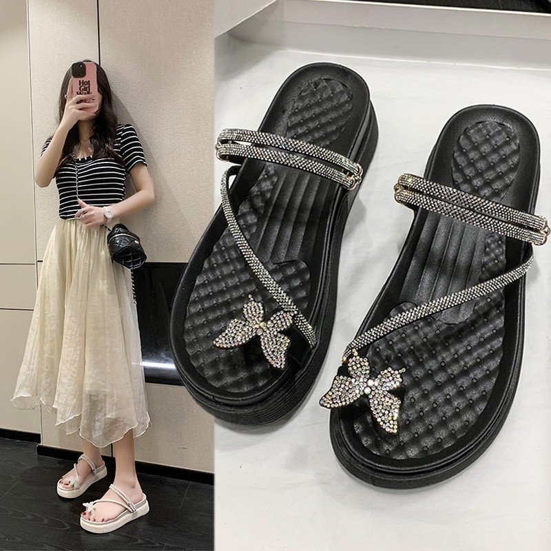 Fairy Cool for Women 2024 New Summer Water Diamond Set Beach Shoes with Pinched Toe Cake Thick Sole Herringbone Slippers_voghion.com