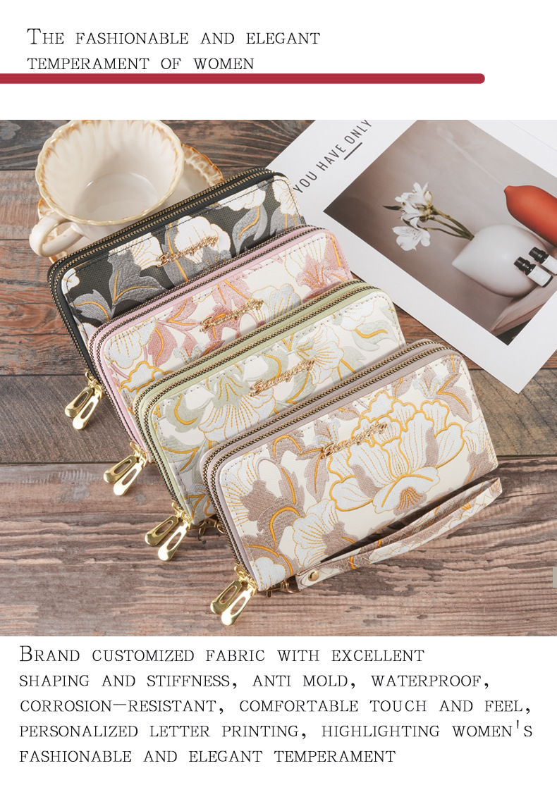 150g Weight Polyester Lining Material Women's Flower Pu Leather Zipper Long Wallets