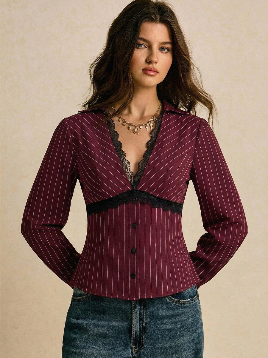 Women's Slim Fit Striped Long Sleeve Shirt Sexy Lace Top Casual Elegant Fashion Blouse For Autumn/Winter American Style_ecoleips.com
