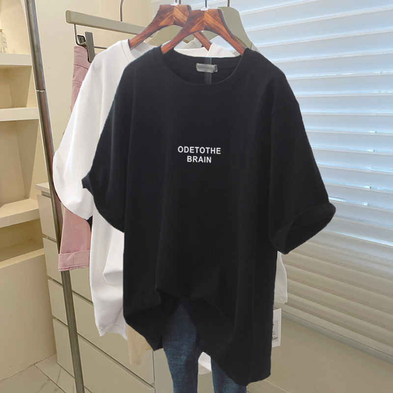 サメパンツ付き純綿半袖Tシャツレディースミドル丈ゆったりカジュアル大きいサイズトップスピンクボトムシャツ夏|undefined