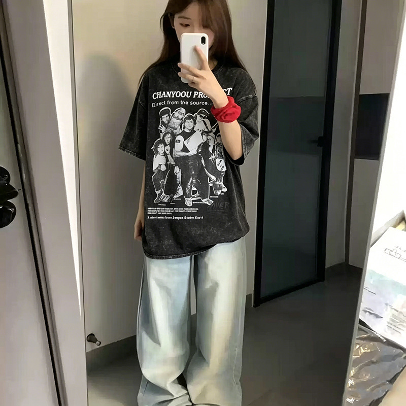 Harajuku Style Hip-Hop Washed Vintage American High Street Retro Band Black Short-Sleeve T-Shirt for Women, Trendy and Loose Fit Harajuku Style Hip-Hop Washed Vintage American High Street Retro Band Black Short-Sleeve T-Shirt for Women, Trendy and Loose Fit