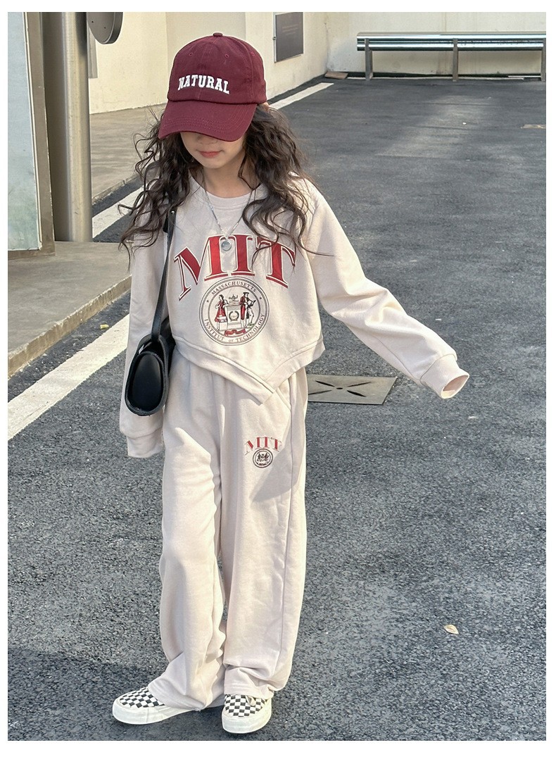 Maglione casual ampio da ragazza con lettere giocose top irregolare a maniche lunghe T pantaloni a gamba larga a tubo dritto in due pezzi_voghion.com