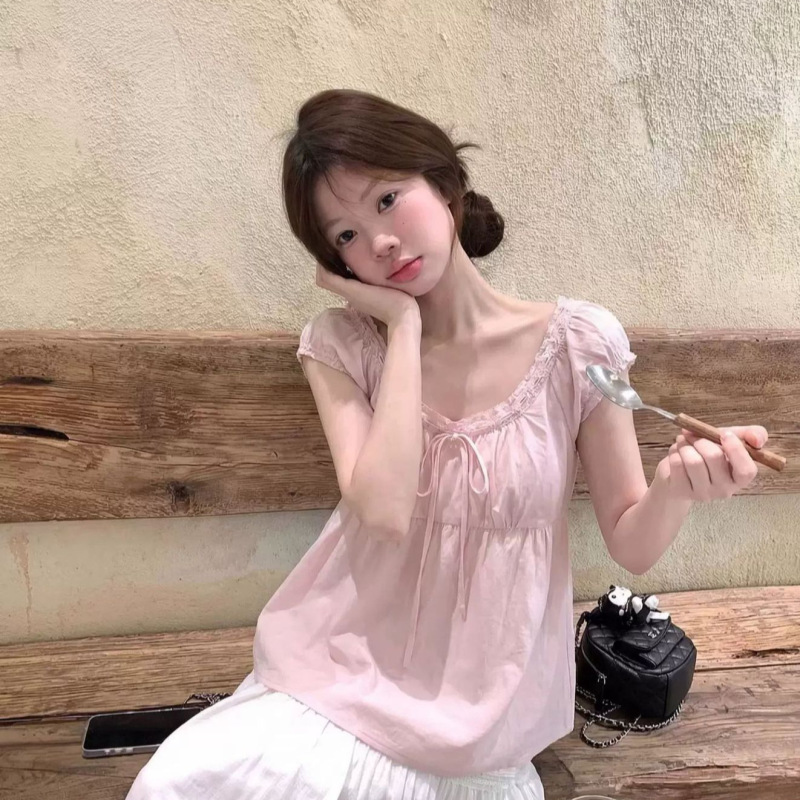 Sweet Style Pink Lace Short-Sleeved Chiffon Shirt for Women 2026 Summer Loose Age-Reducing Versatile Casual Top