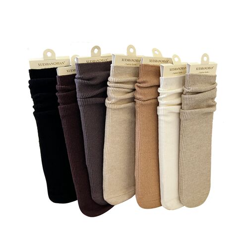 Children's socks solid color double-needle fine striped cashmere cream and coffee color bumpy socks straight leg without heel size big kid crew socks
