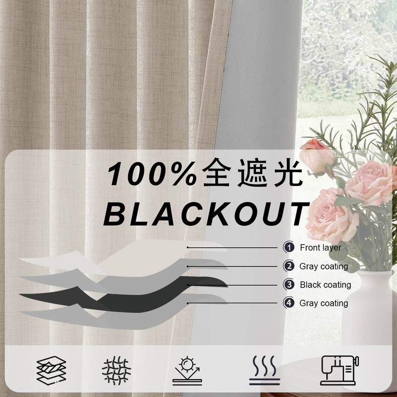 100% Blackout Gray Coated Faux Linen Cotton Linen Curtains, Customized Finished Products for Middle East Foreign Trade and Amazon Independent Sites