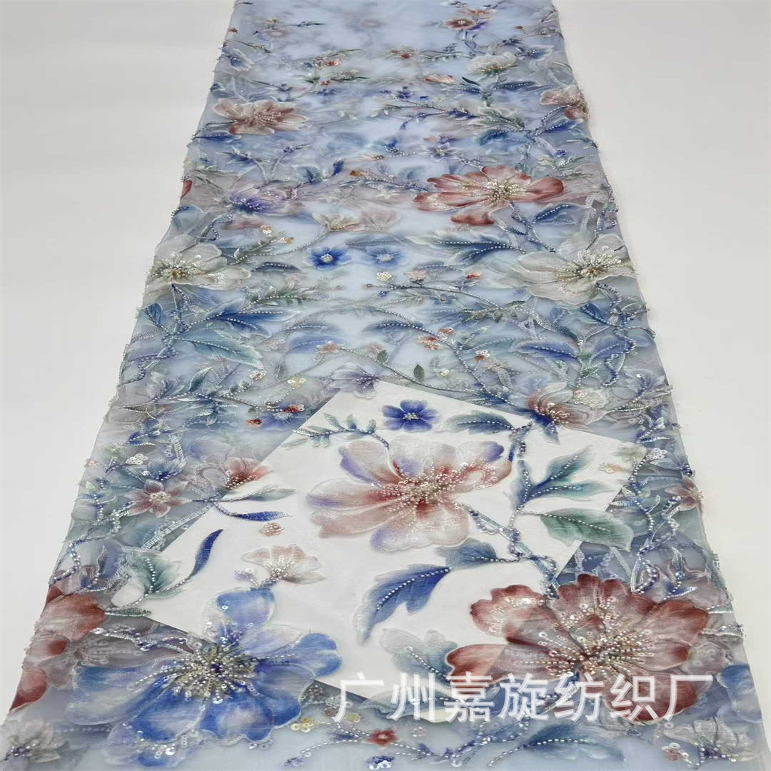 Viento nacional colorido impresión de plantas sequinilla tubo de perlas tela bordada cheongsam ropa nacional vestido de tela de bordado