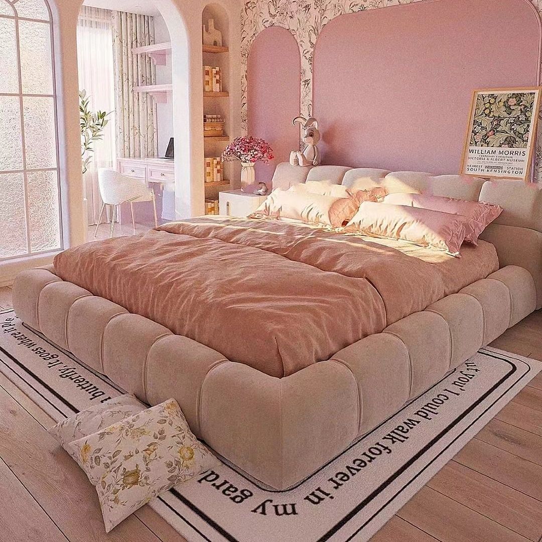Cama de hojaldre de estilo crema nórdico dormitorio cama doble simple y moderna franela estilo princesa tela estilo ins cama doble