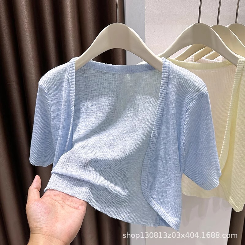 サスペンダースカートと女性用ショートカーディガン、夏用薄手半袖白日焼け止めブラウス、通気性のあるアイスシルクニットトップ|undefined