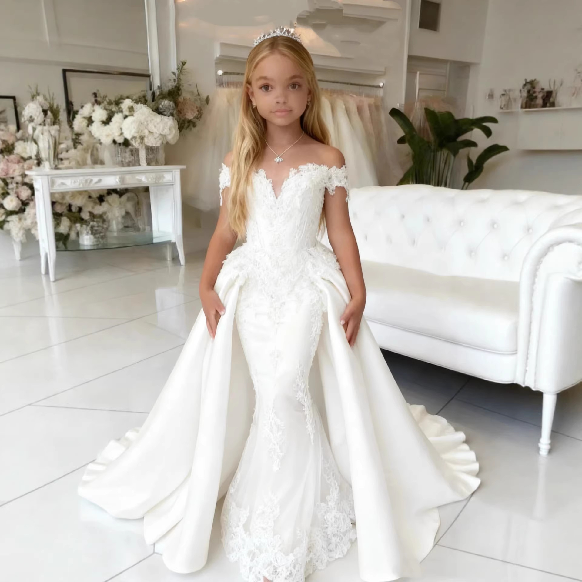 Princess Dress for Girls, Fluffy Tulle Children's Gown, Model Runway Show Trailing Dress, Birthday Court-Style Piano Performance Outfit Hl114
