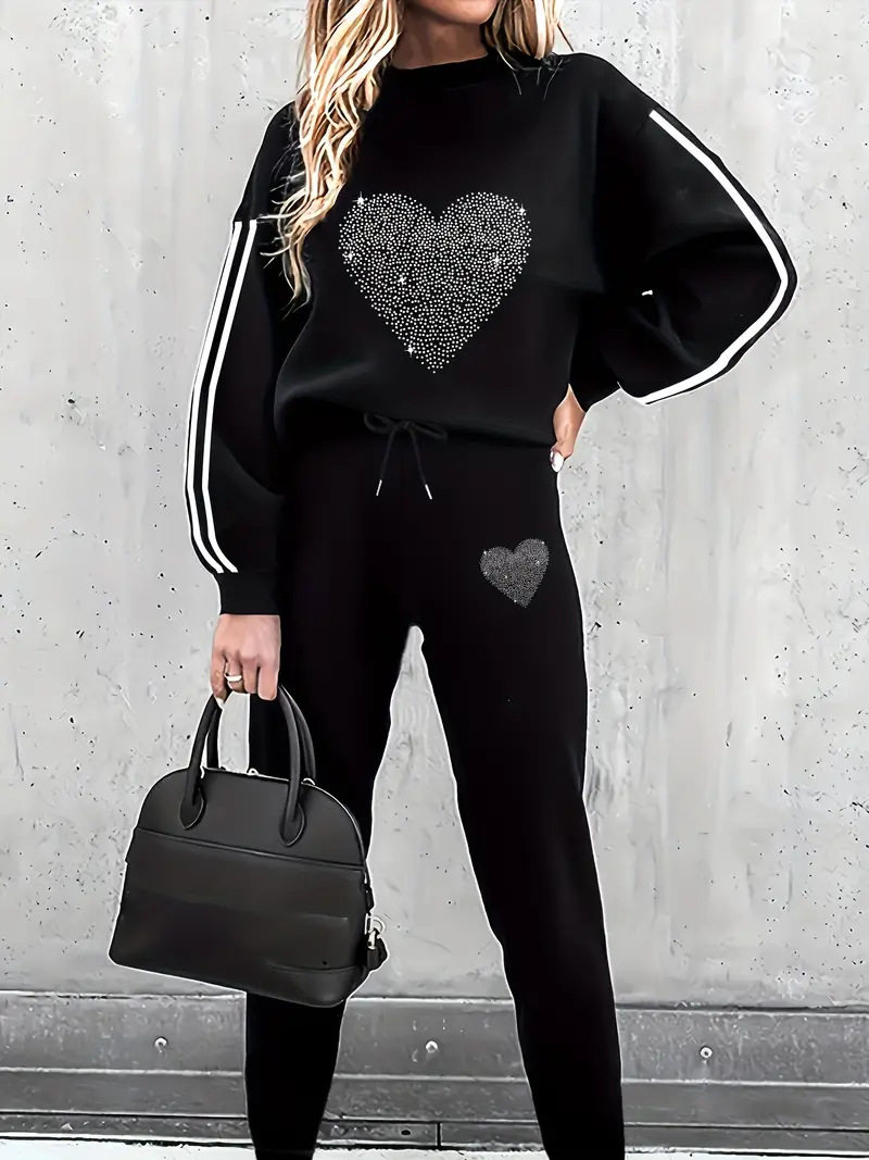 Damen Oversized Pullover Und Hose Set Mit Herz Print Zweiteiler_voghion.com