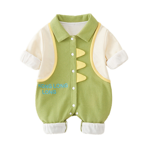 Spring New Baby Double Layer Bodysuit Class A Pure Cotton Newborn Clothes for Boys, Outgoing Crawling Suit