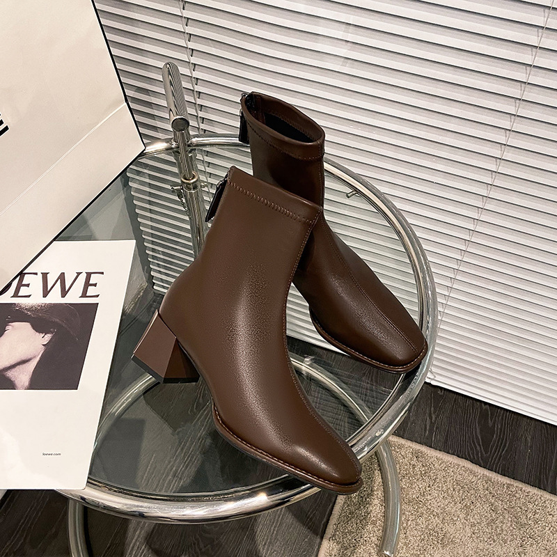 Autumn and Winter New Coffee Color High-heeled Boots Women's Korean Style Square Head Rear Zipper Thick-heeled Boots Rice White High-heeled Boots
