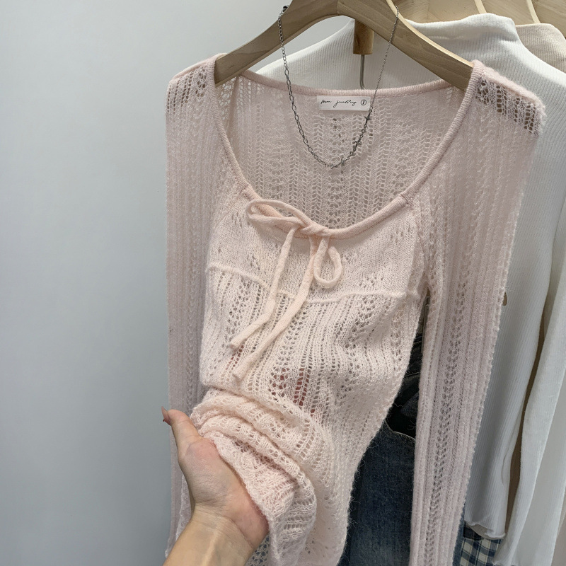Spot High-End Pink Hollow Lace-Up Long-Sleeved Sweater for Women Commuting New Style Unique Texture Early Autumn Top