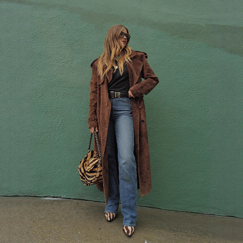 Cross-Border Amazon 2025 Autumn and Winter New Dark Brown Suede Lace-Up Long Trench Coat Women's Outerwear Coat