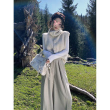 温柔系炸街奶乖套装感冬装打底马甲阔腿裤三件套女装涤纶纯色褶皱