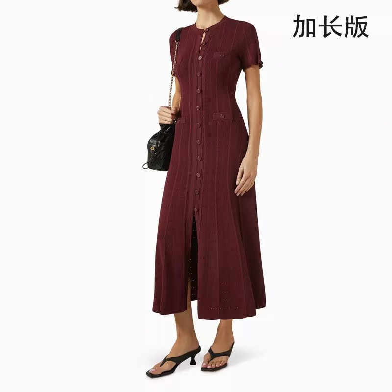 Cross-Border S Brand French Style New High-End Chanel-Inspired Hollow Lace Sleeve Slim-Fit Split Knit Dress