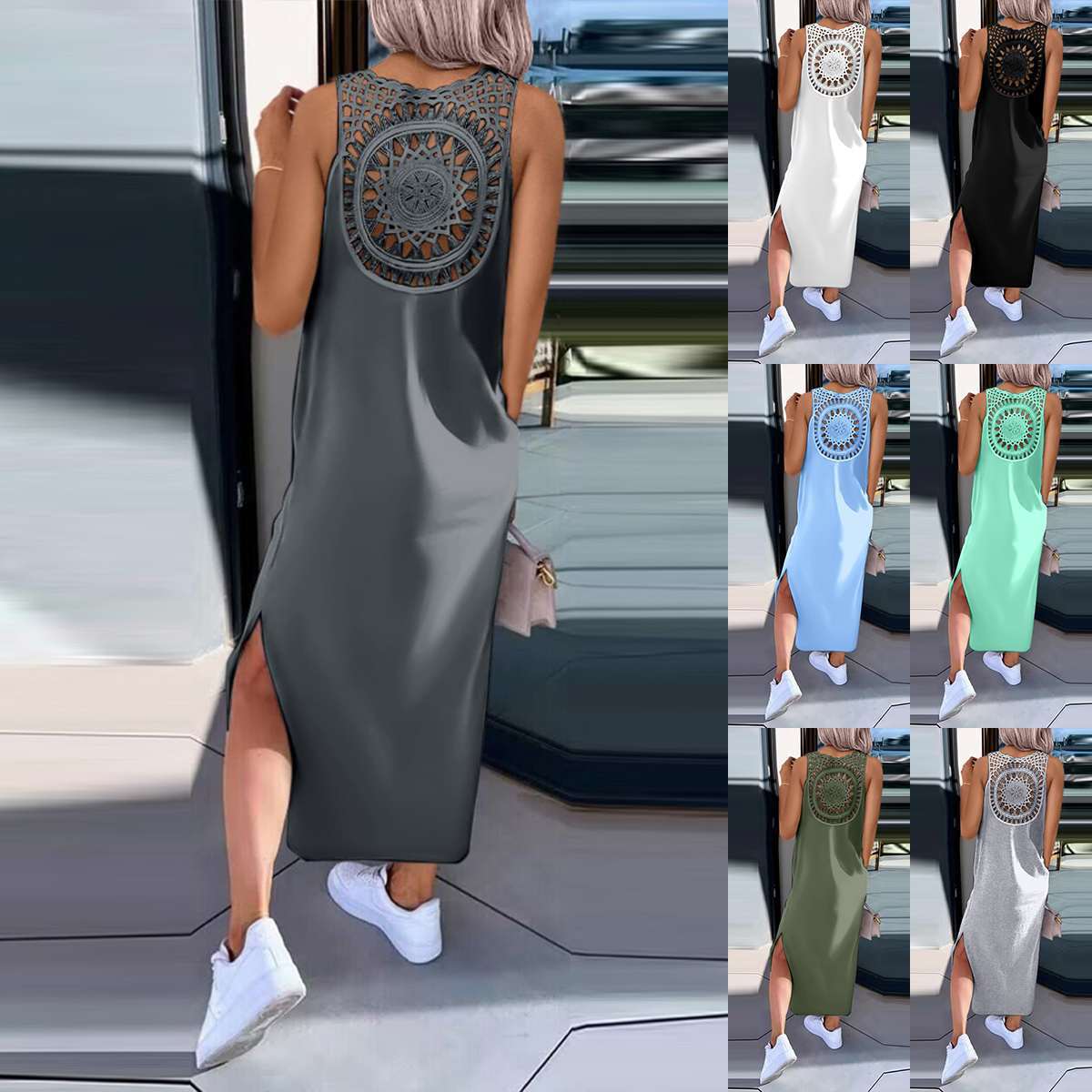 European And American Style Foreign Trade Women's Clothing Lace Hollow-out Suspender Sleeveless Slit Tank Dress,_ecoleips.com