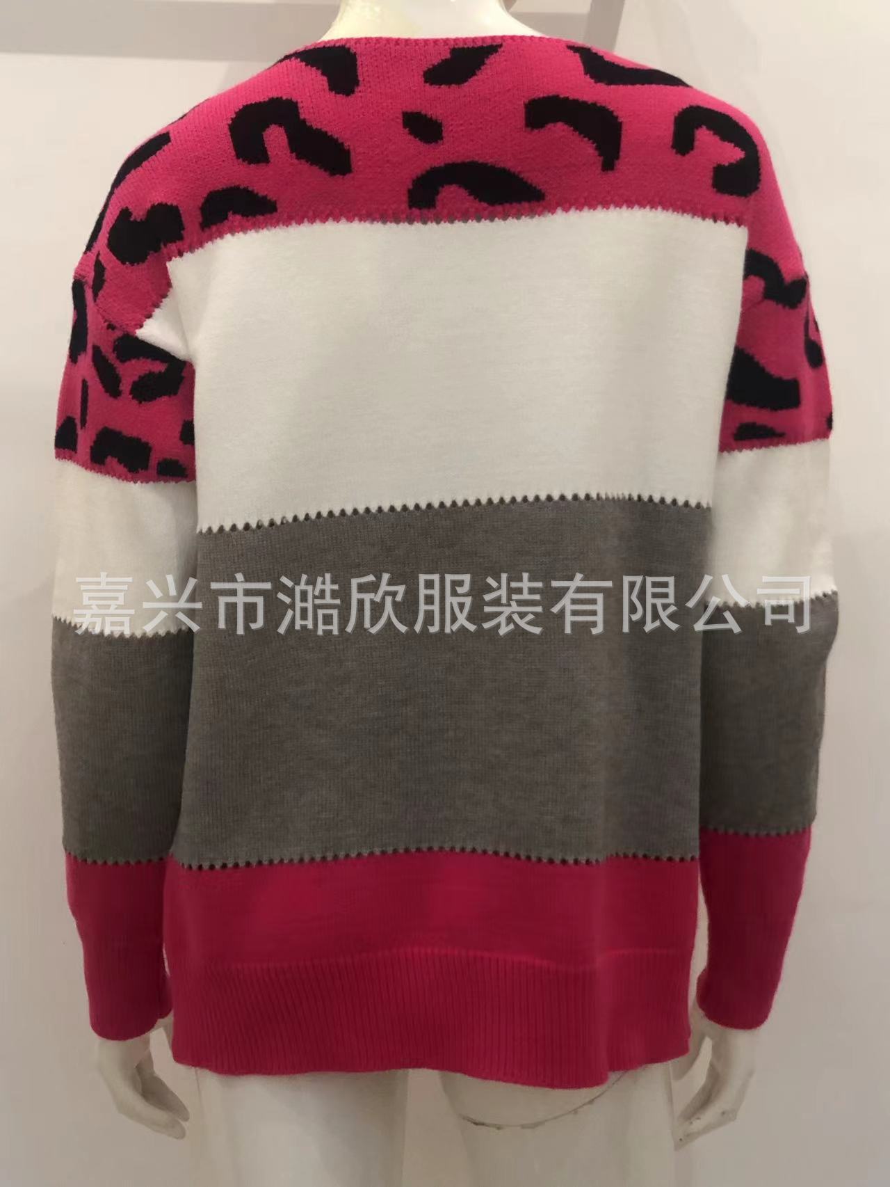 跨境欧美新款针织衫女2022秋冬豹纹套头拼色一字领女式毛衣打底衫 pic 9