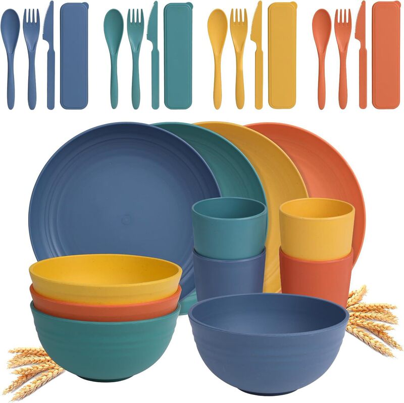 Amazon Best-Selling Wheat Straw Plate, Bowl, Cup, Knife, Fork and Spoon, Outdoor Camping Dinner Plate, Soup Bowl, Tableware Travel Set