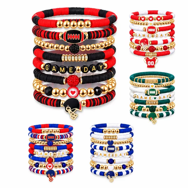 8-Piece Set of Rugby Multi-Layer Bracelets, Stacked Crystal Heart, Five-Pointed Star, Letter, Soft Clay Friendship Colorful Bracelets