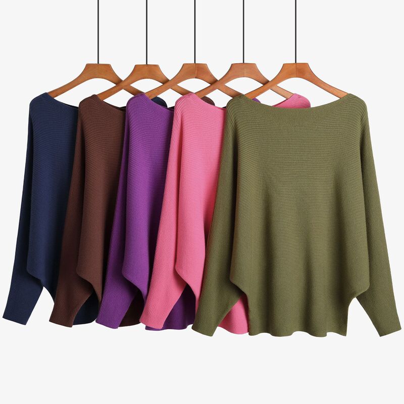 Amazon Explosions Women's One-Neck Bat Sweater Threaded High Elastic Lazy Style Pullover Top Plus Size