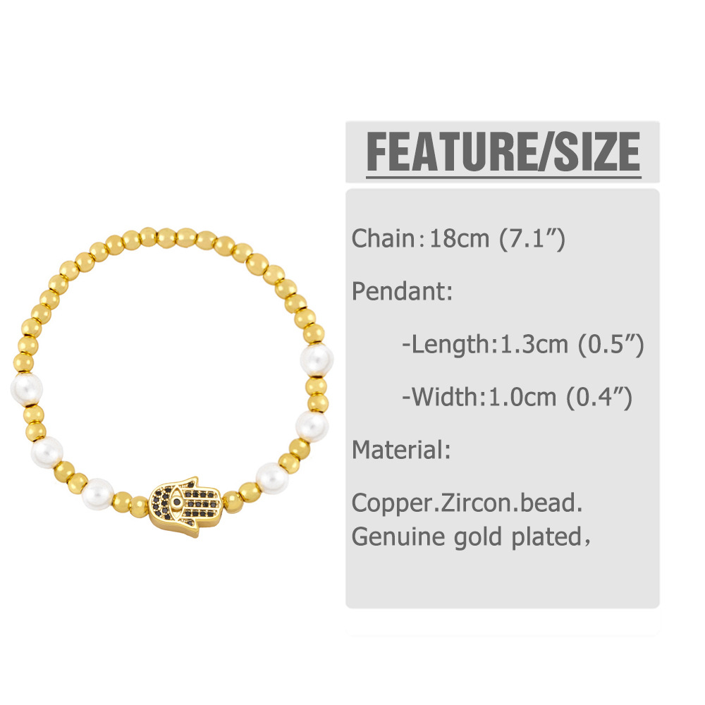 Fashion Devilu0027S Eye Hand Of Fatima Copper Bracelets Beaded Pearl Zircon Copper Bracelets