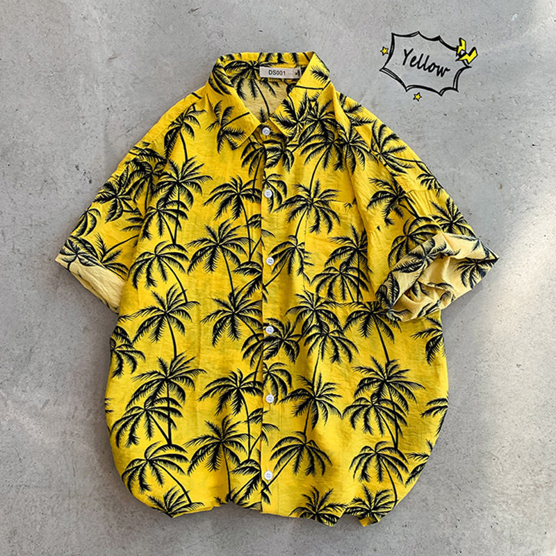 Estilo retro de Hong Kong Ruan guapo camisa de seda de hielo abrigo ropa de los hombres Hawaii playa floral camisa de manga corta de los hombres sueltos más tamaño