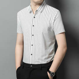 新款短袖竖条纹商务衬衫男士潮流休闲韩版时尚青年帅气百搭品质衣