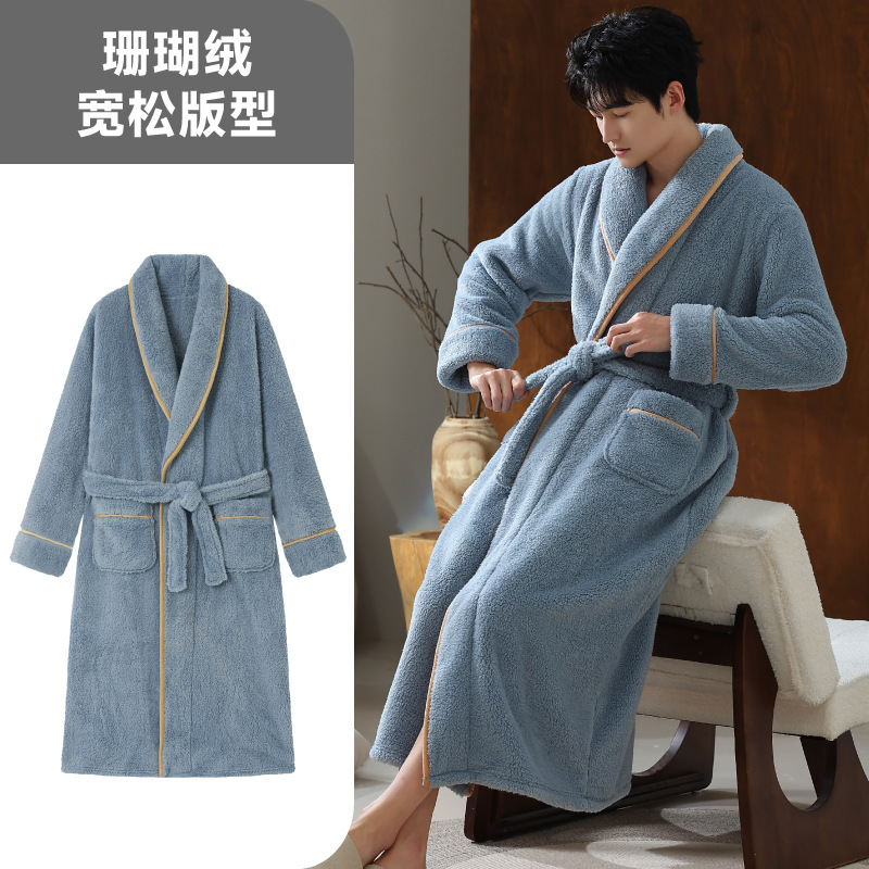 300G秋冬睡袍男士大码宽松浴袍2025珊瑚绒加厚加绒青少年家居服男|undefined