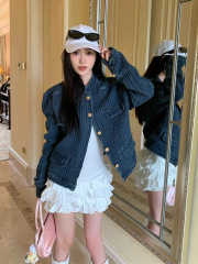 牛仔小香风外套女2025秋冬季新款小众肌理感H型立领夹克气质上衣