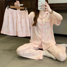 韩系条纹蝴蝶结软糯皱布家居服睡衣女夏季小众甜美短袖三件套批发