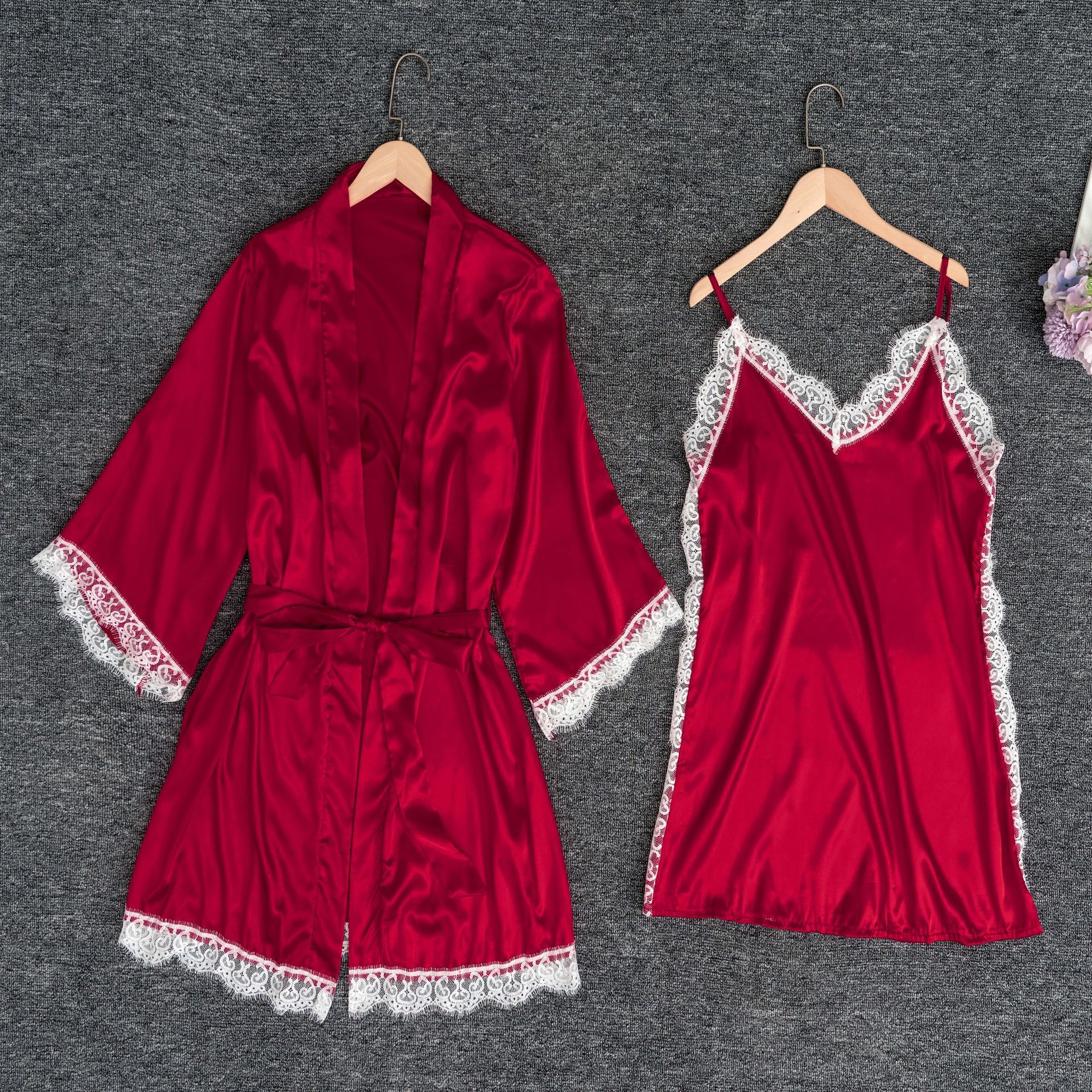 GraceChic GraceChic New Satin Stretch Colorful European American Women's Pajamas Cardigan Lace-Up Robe And Pants Set Solid Color Home Wear_voghion.com