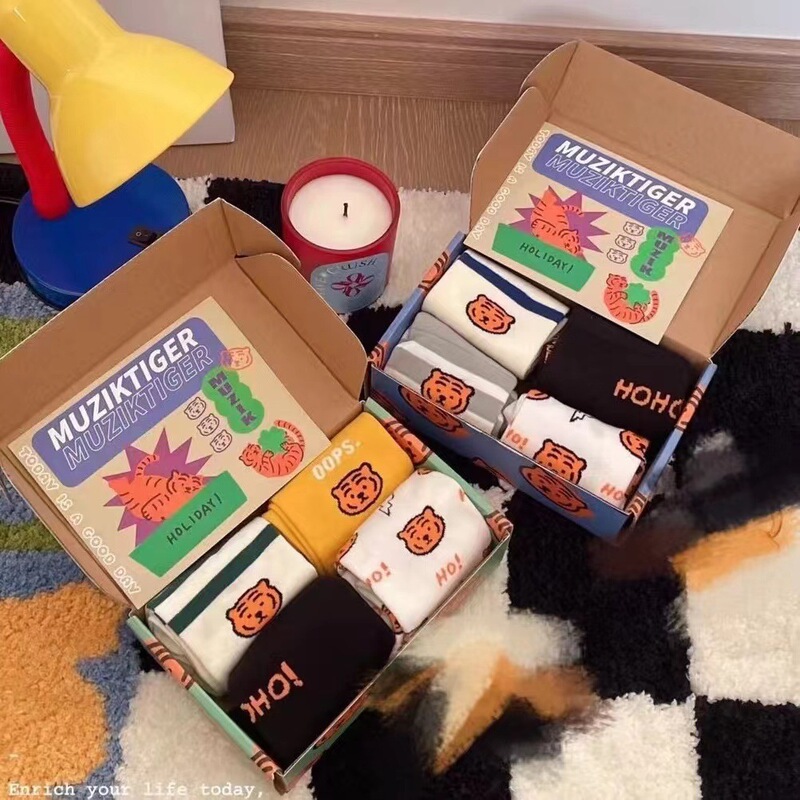 caramella karamera tiger socks tube socks children spring autumn winter four pairs gift box wholesale in stock