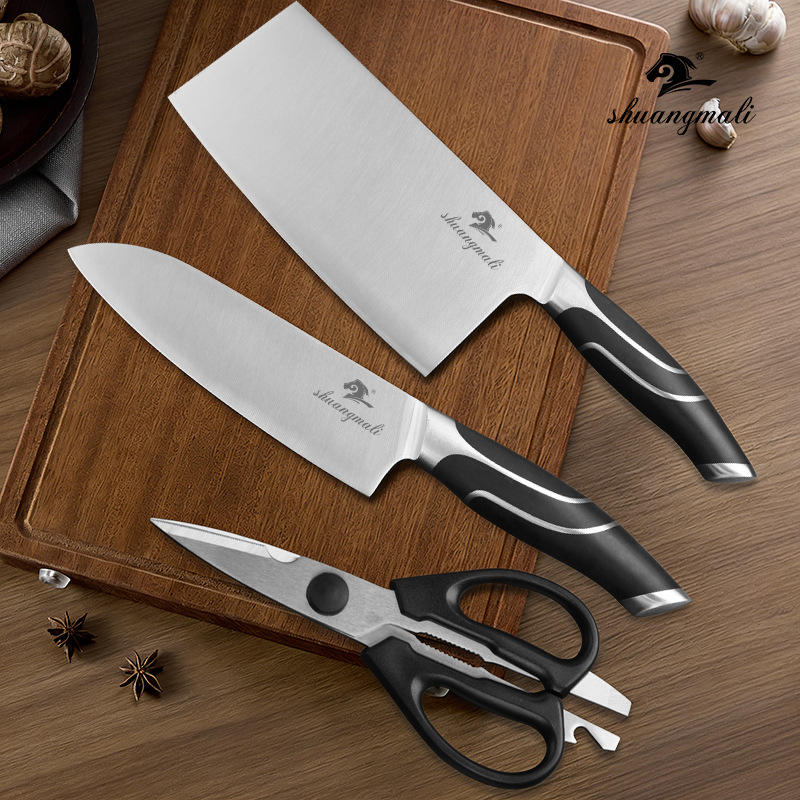 Cuchillo de cocina doméstico de tres piezas de acero inoxidable cuchillo de cocinero multifuncional tijeras de hueso de pollo conjunto de cuchillos antideslizantes