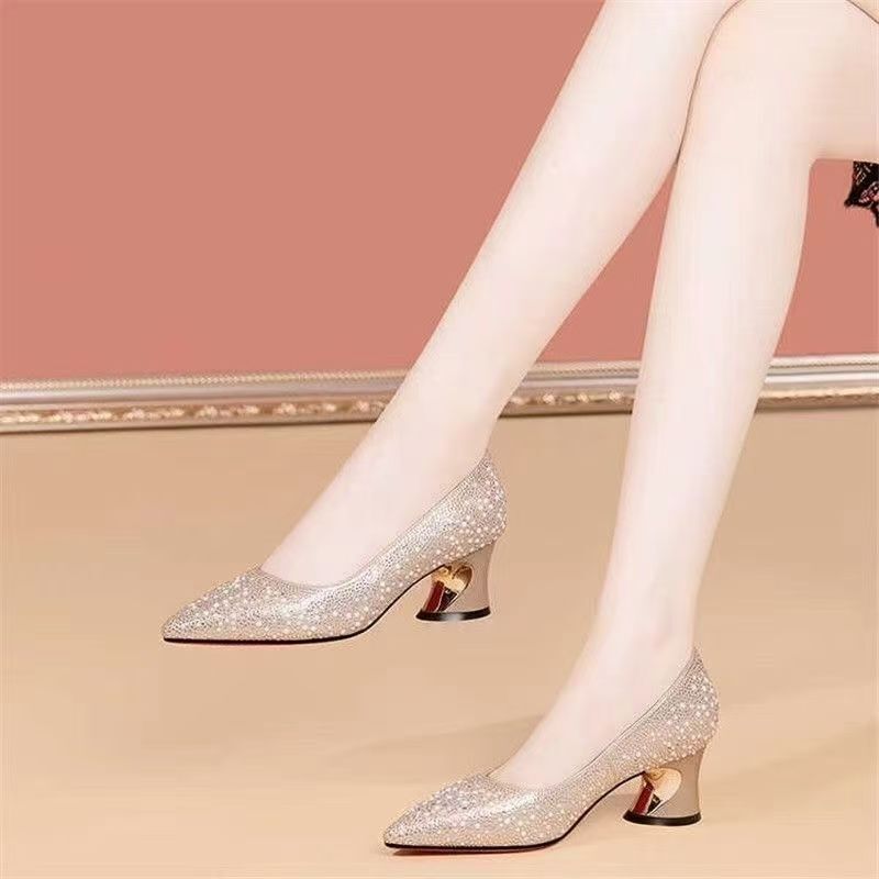 女性用ラインストーンハイヒール、義母用ウェディングシューズ、春スタイルレディース高級本革靴、太ヒールマザーズシューズ|undefined