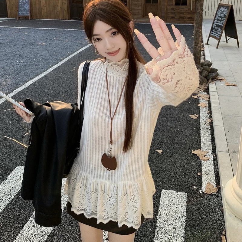 设计感小众上衣女装蕾丝花边长袖套头T恤秋季新款别致内搭打底衫|undefined