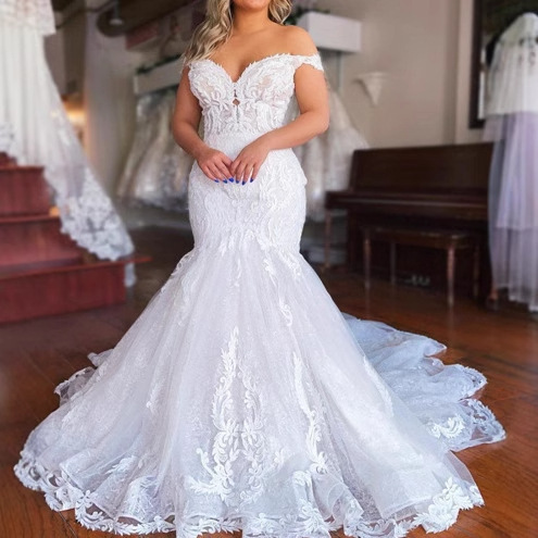 Wedding Dress 2025 Summer New Style Off-Shoulder Foreign Trade Wedding Dress with Large Skirt and Water-Soluble Lace Foreign Trade Trailing Wedding Dress Wedding Dress 2025 Summer New Style Off-Shoulder Foreign Trade Wedding Dress with Large Skirt and Water-Soluble Lace Foreign Trade Trailing Wedding Dress