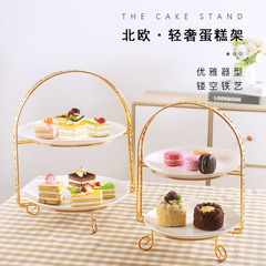 European-style creative ceramic double-layer iron wire tray stand, cake iron wire tray stand, new afternoon tea dessert stand