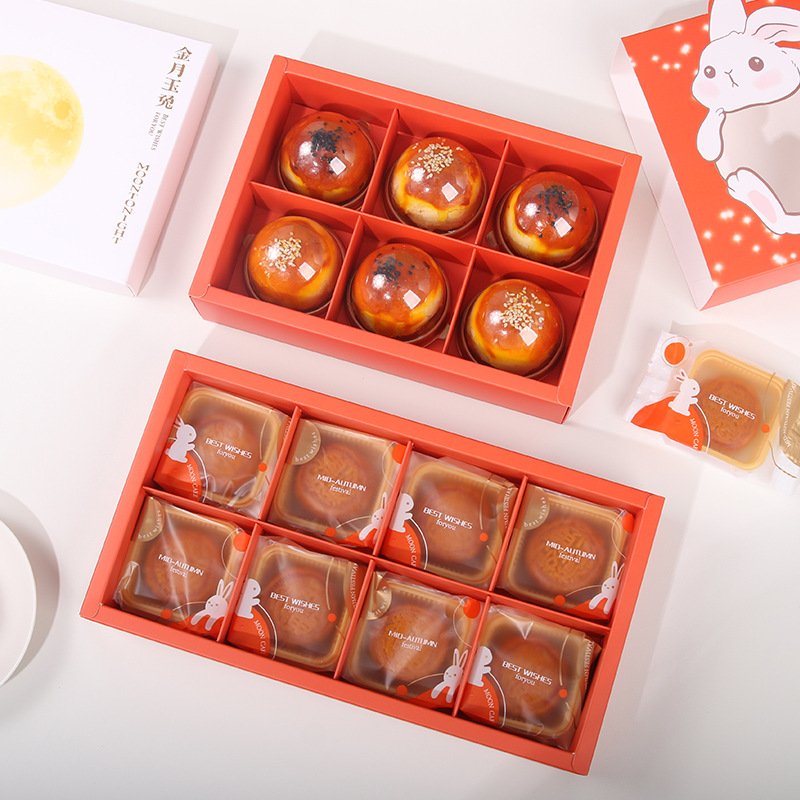 Nueva caja de pastel de luna dorada de jade conejo caja de pastel de luna de hielo de mediados de otoño caja de embalaje de pastel de yema de huevo caja de regalo cubierta de cielo y tierra 6 piezas 8 cuadros