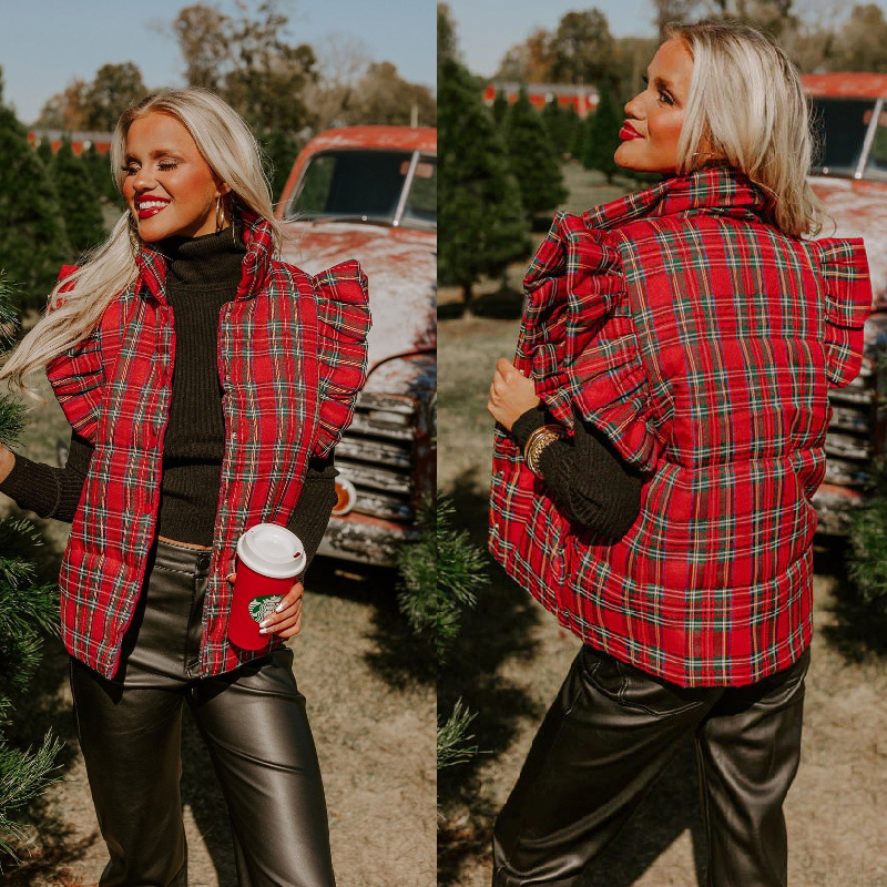 Cross-Border E-Commerce Independent Platform 2025 New Autumn and Winter Christmas Style European and American Sleeveless Plaid Quilted Vest Jacket for Women Cross-Border E-Commerce Independent Platform 2025 New Autumn and Winter Christmas Style European and American Sleeveless Plaid Quilted Vest Jacket for Women