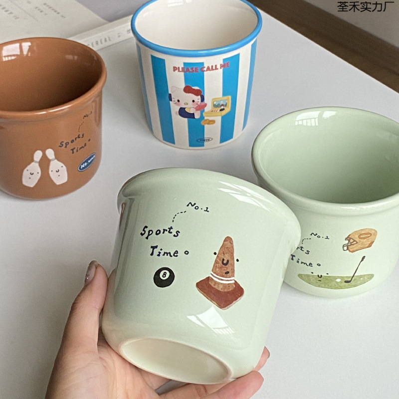 手绘陶瓷马克杯 清新薄荷绿羽毛球运动水杯情侣|undefined