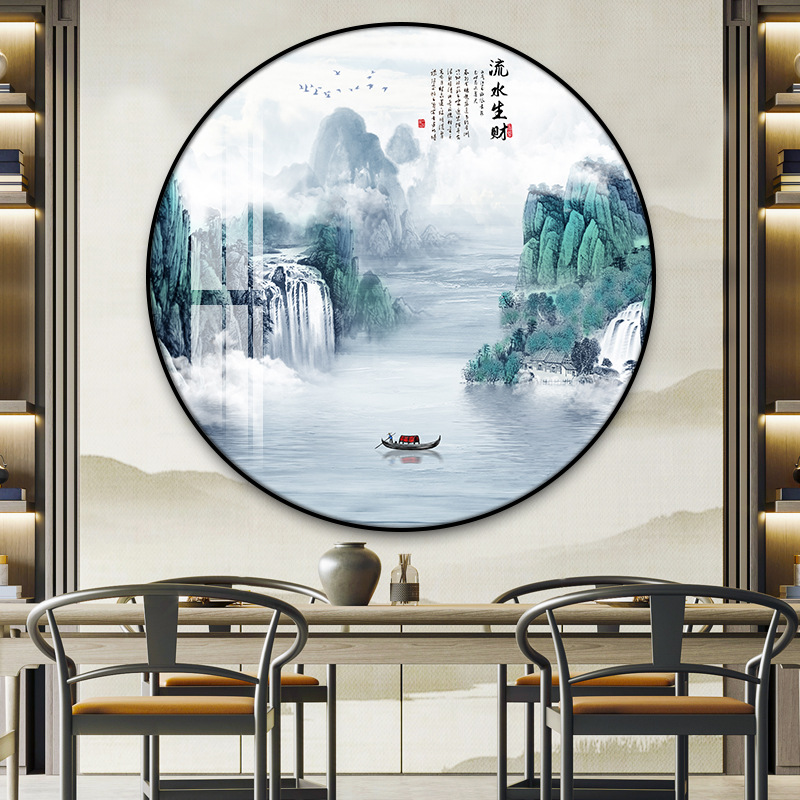 新中式入户玄关装饰画走廊尽头壁画圆形茶室书房山水风景客厅挂画