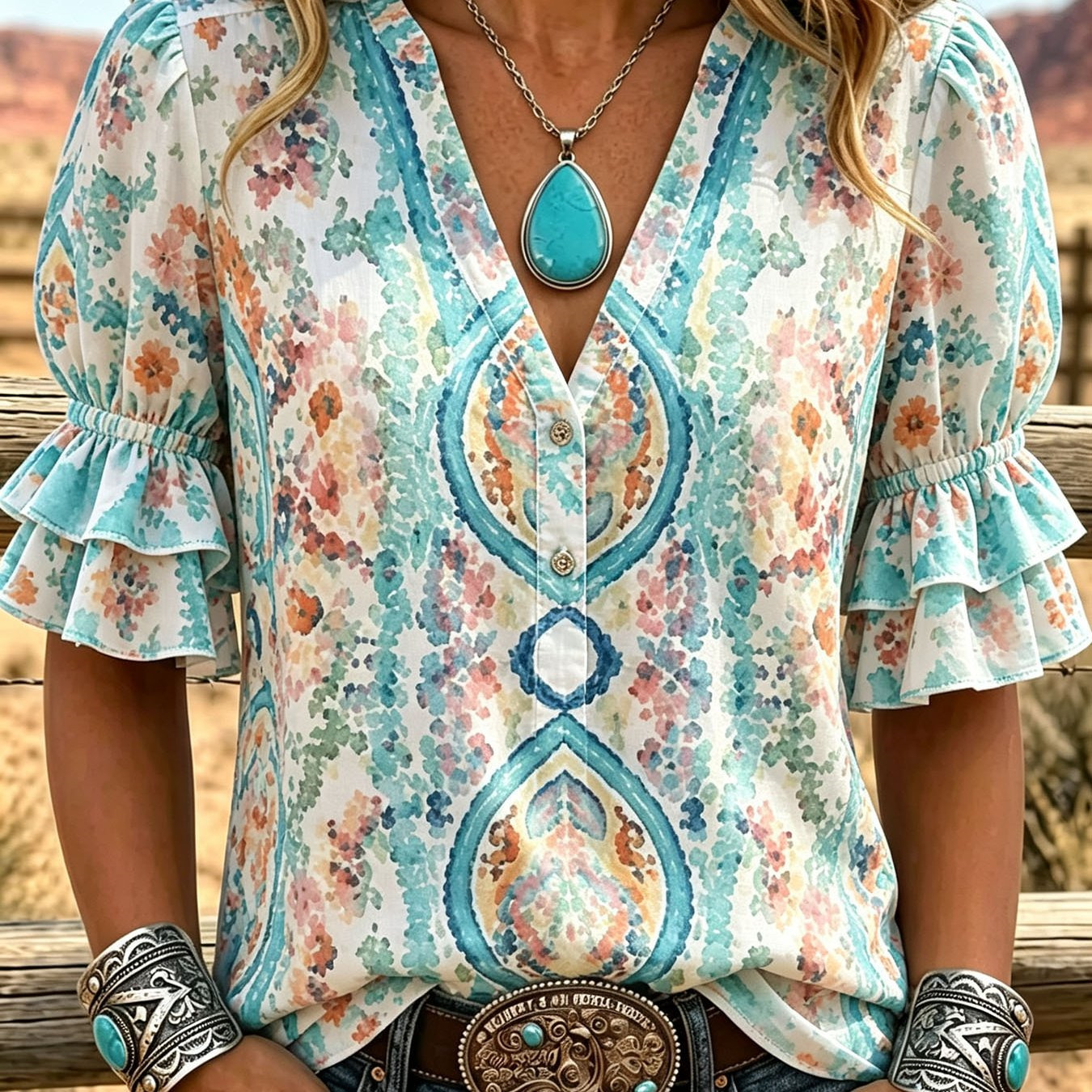 Transfronterizo exclusivo para camisas de impresión vintage mujeres sueltas de cuello en V de manga corta chaqueta bohemiana Europa y América nuevo transfronterizo image 17