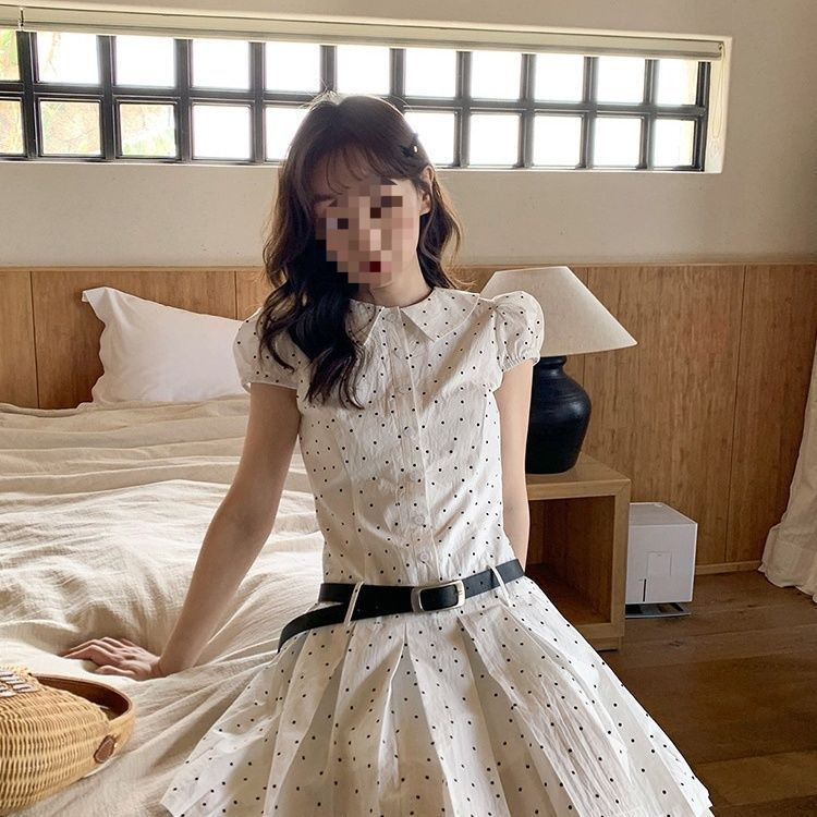 Cross-Border French-Style Polka Dot Puff Sleeve Waist-Cinching Pleated Dress for Women, Niche Summer Affordable Turn-Down Collar Elegant A-Line Dress