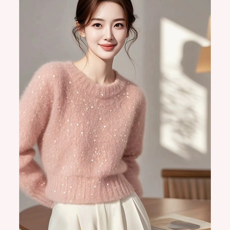 2024 новый супер красивый ленивый высокий оттенок розовый дизайн свободный внешний свитер женский зимний