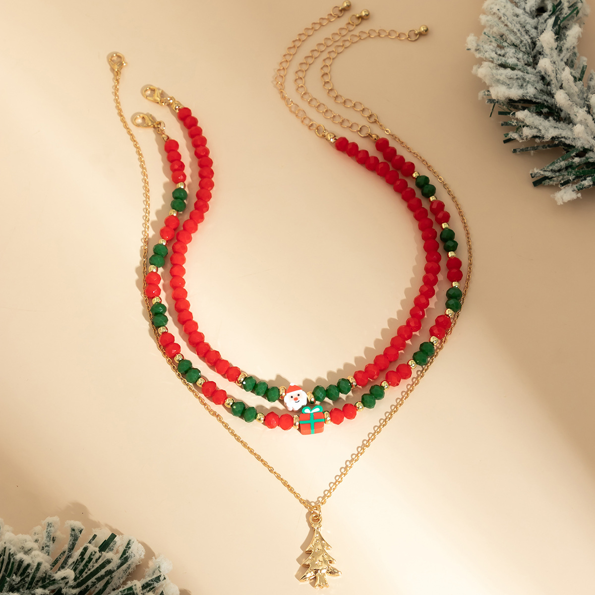Christmas Beaded Choker Necklace With Crystal Snowman Charms_voghion.com